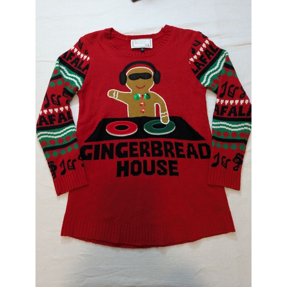 Dj Gingerbread “Gingerbread House” Ugly Christmas Sweater Tunic Red L